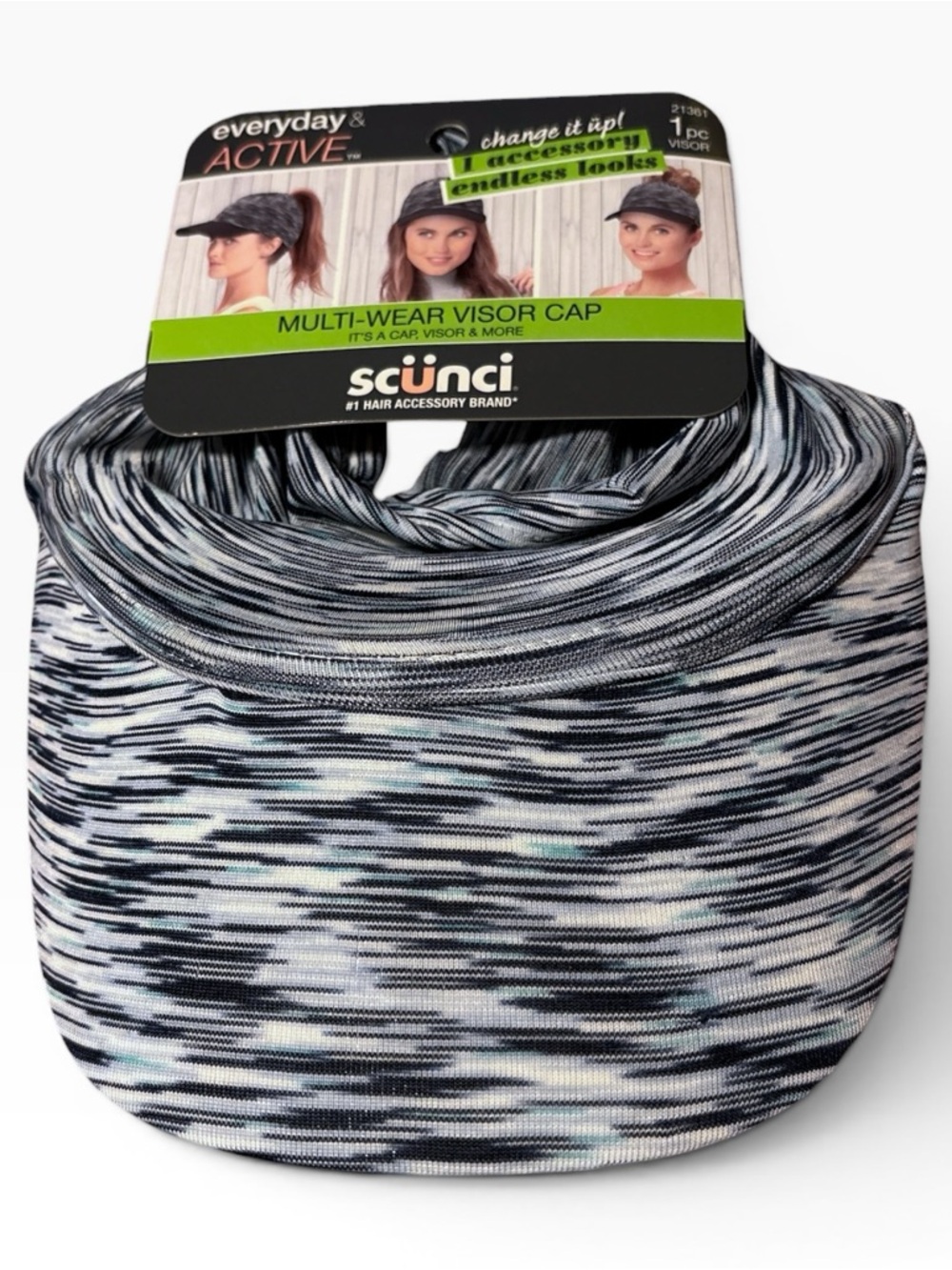Scunci Multi-Wear Visor Cap Everyday Active Blue Space Dye Headband NWT